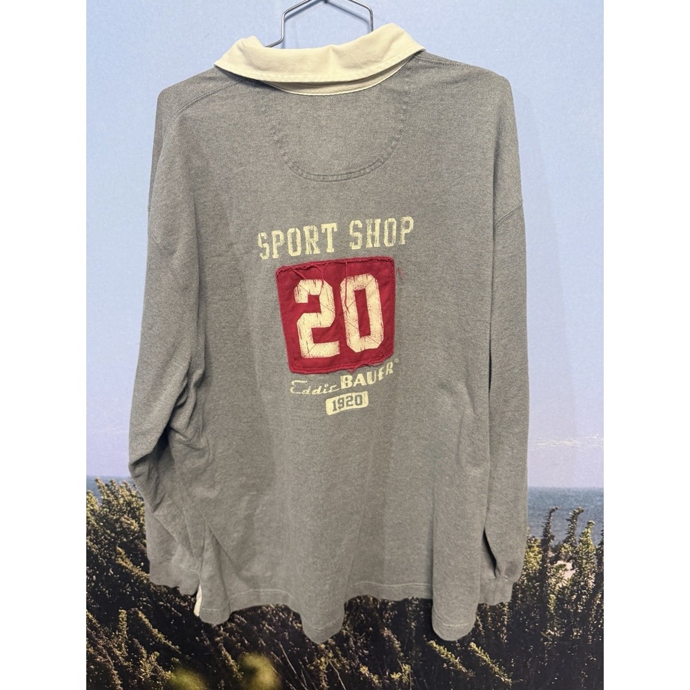Vintage Eddie Bauer Sport Shop Rugby Shirt XXL Big Logo Back Patch Gray 90s